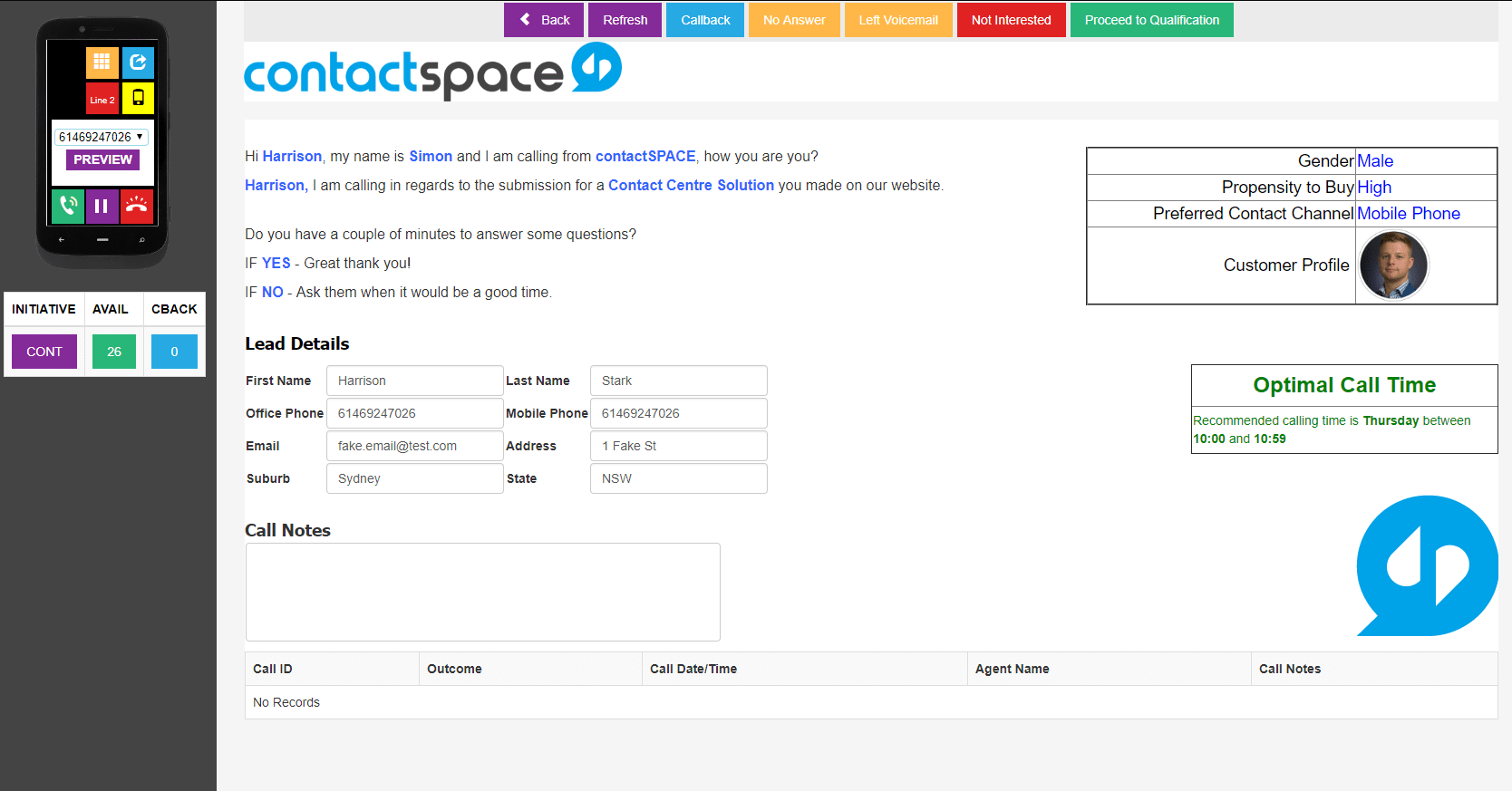 contactSPACE CallGuides® front-end interface.